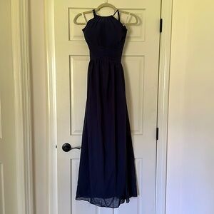 Navy chiffon halter bridesmaid dress.